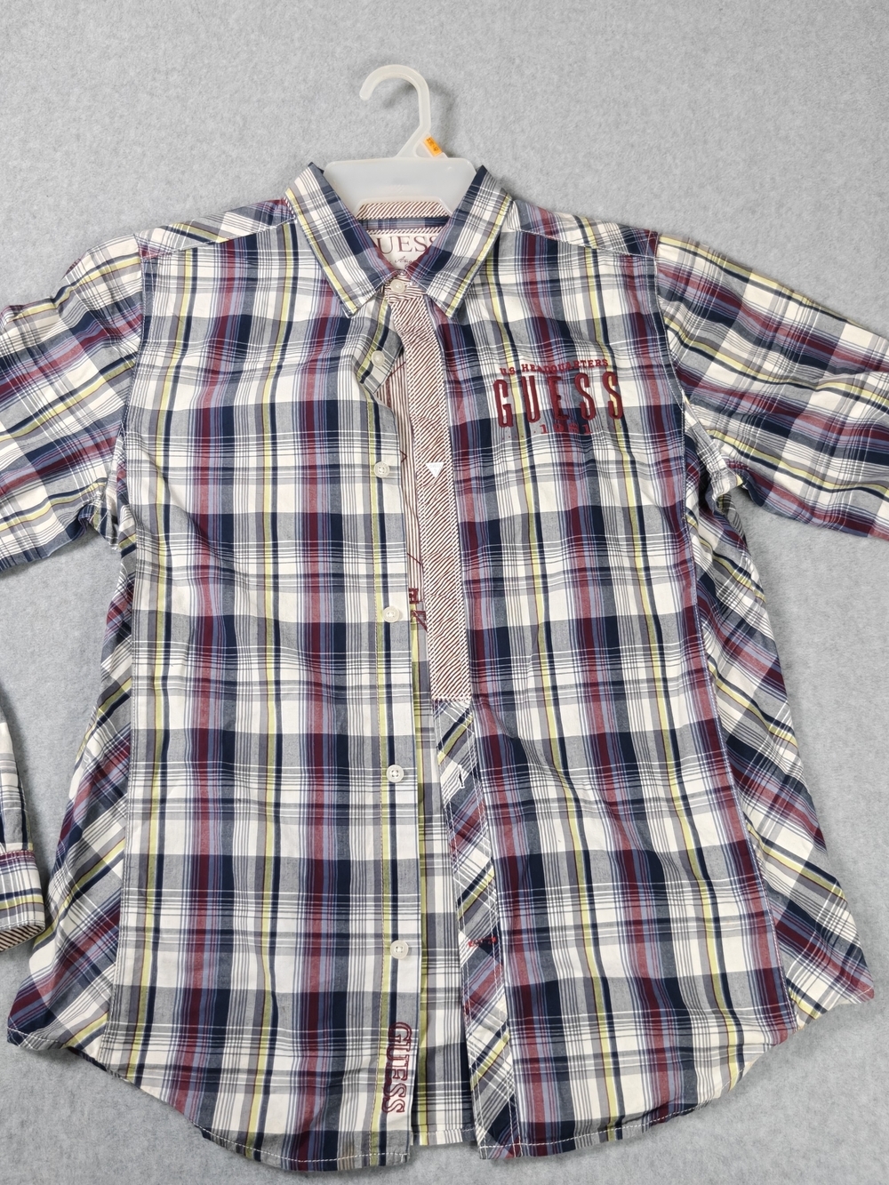 Guess Boys Plaid Button-Up Shirt in Navy, Red & White